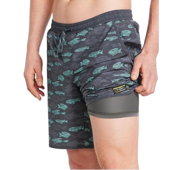 L.L. Bean Men’s All-Adventure Swim Shorts 9” Trunks Sz XXL Navy Fish Print NWOT - Picture 3 of 7
